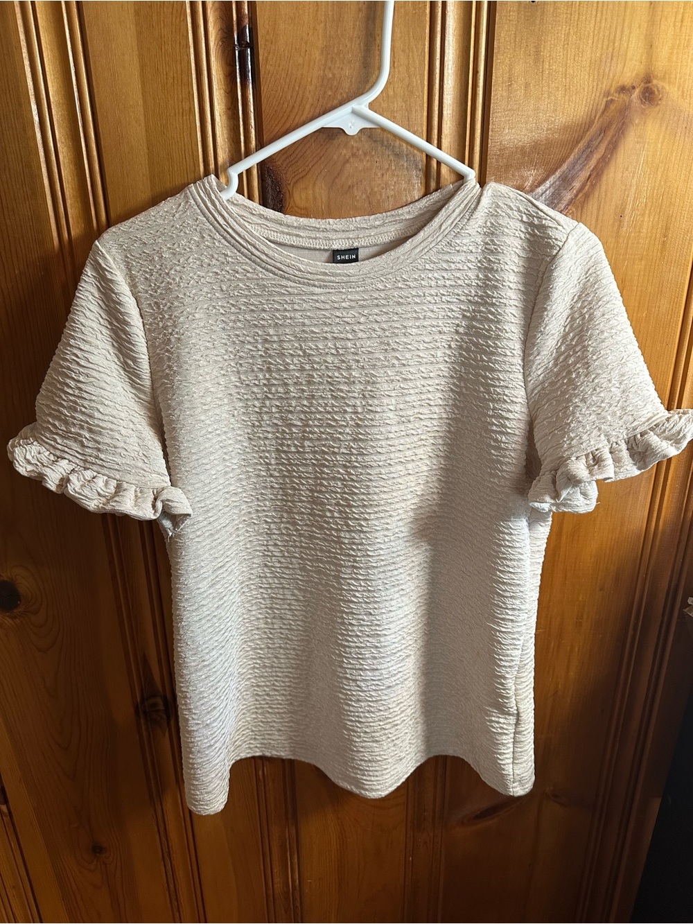 SHEIN Cream Textured Ruffle Sleeve Tee
